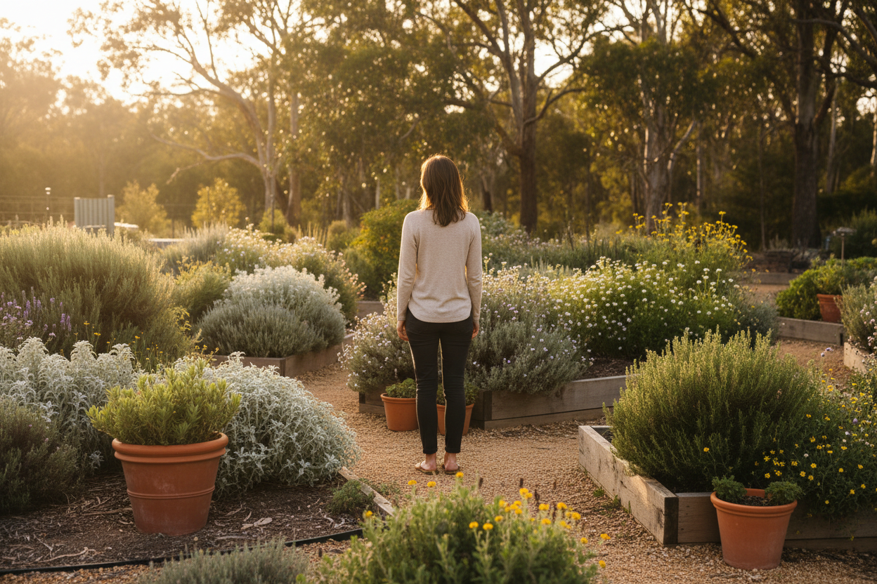 australain herbal garden women facing garden feeling content